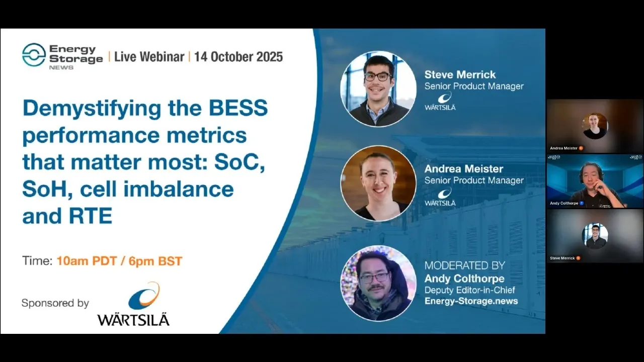 Webinar title slide: Demystifying the BESS performance metrics that matter most, with Steve Merrick and Andrea Meister of Wärtsilä, moderated by Andy Colthorpe of Energy-Storage.news